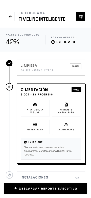 Pantalla de la fase de cimentación con accesos a materiales, evidencia e incidencias