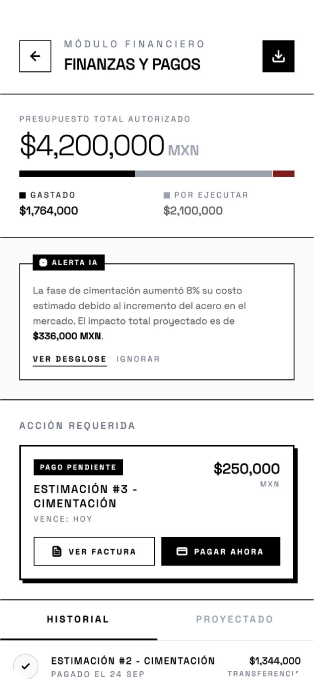 Pantalla de finanzas y pagos con el presupuesto autorizado y la estimación pendiente
