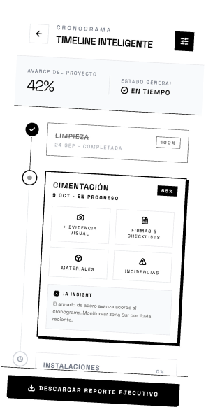 Pantalla del timeline inteligente con la fase de cimentación en progreso