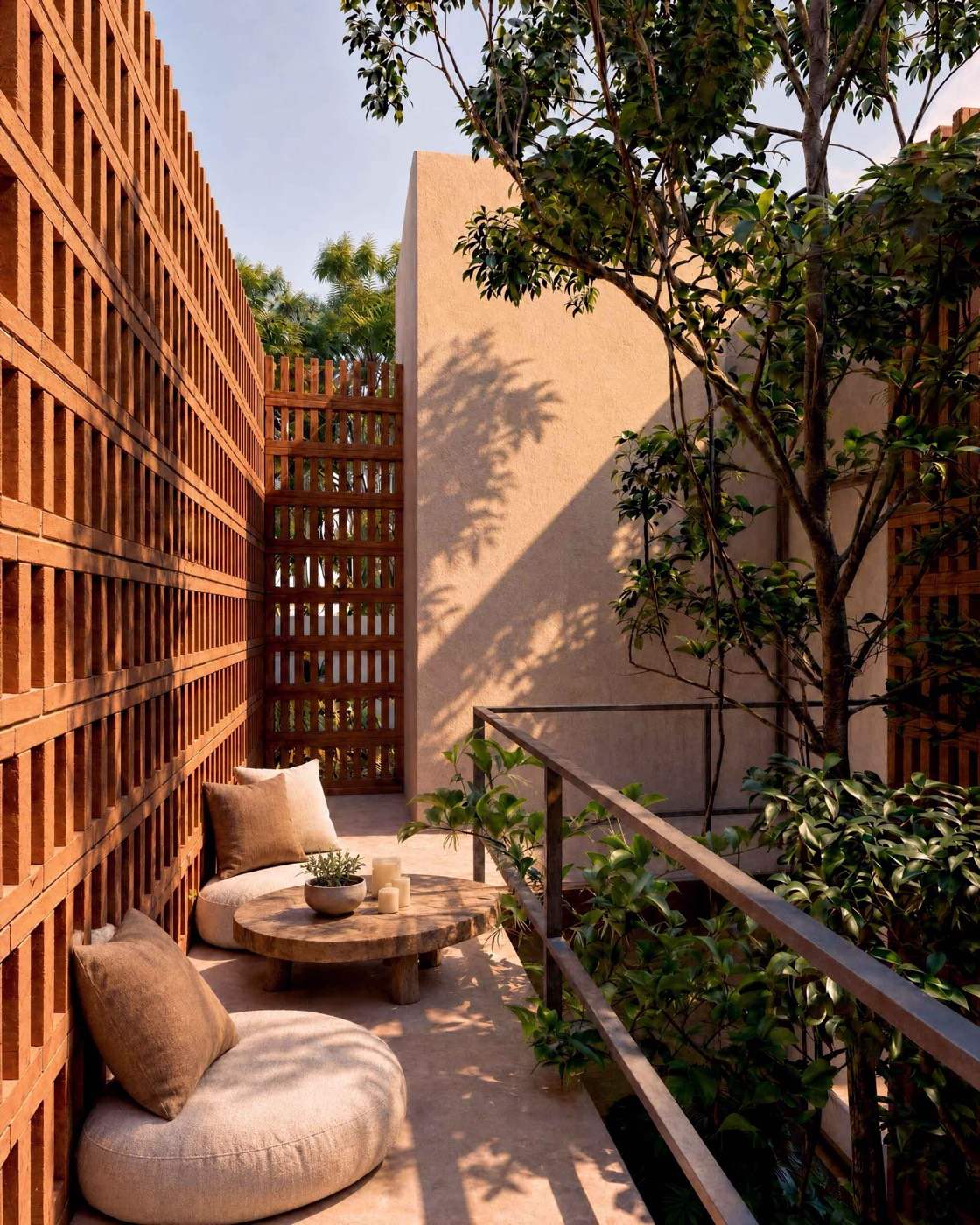 Balcón con celosía de terracota y vegetación
