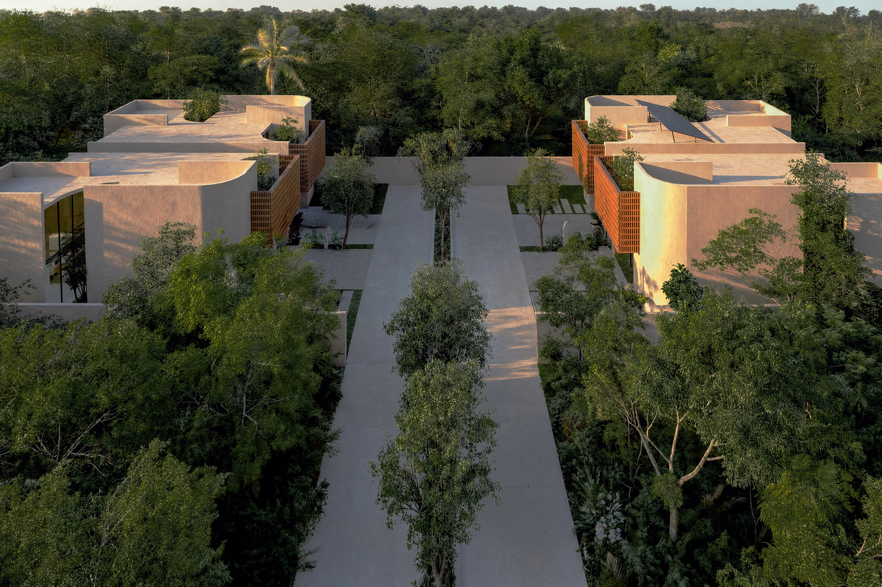 Vista aérea de la calle privada de acceso a las villas