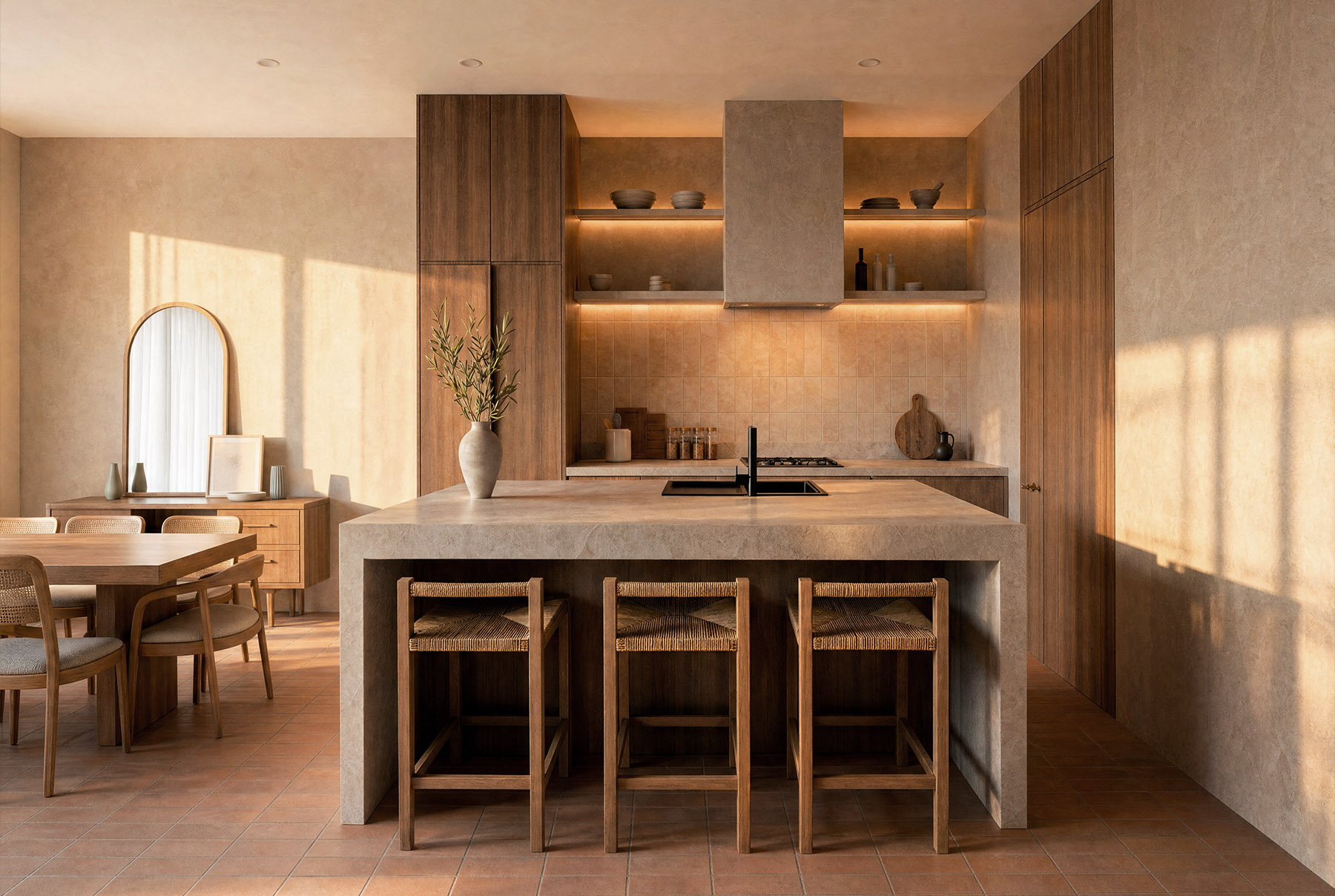 Cocina con isla de piedra y luz de tarde