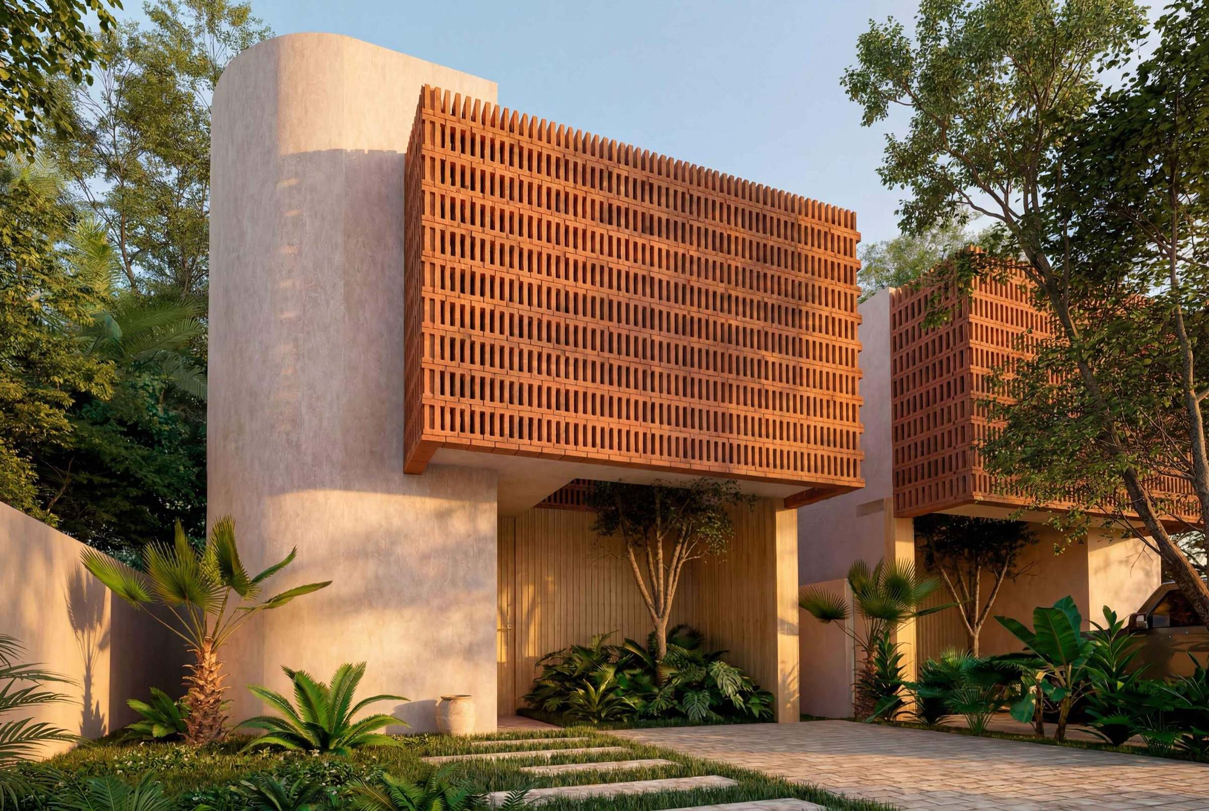Eleven 11 villa façades at sunset, with terracotta lattice amid the jungle