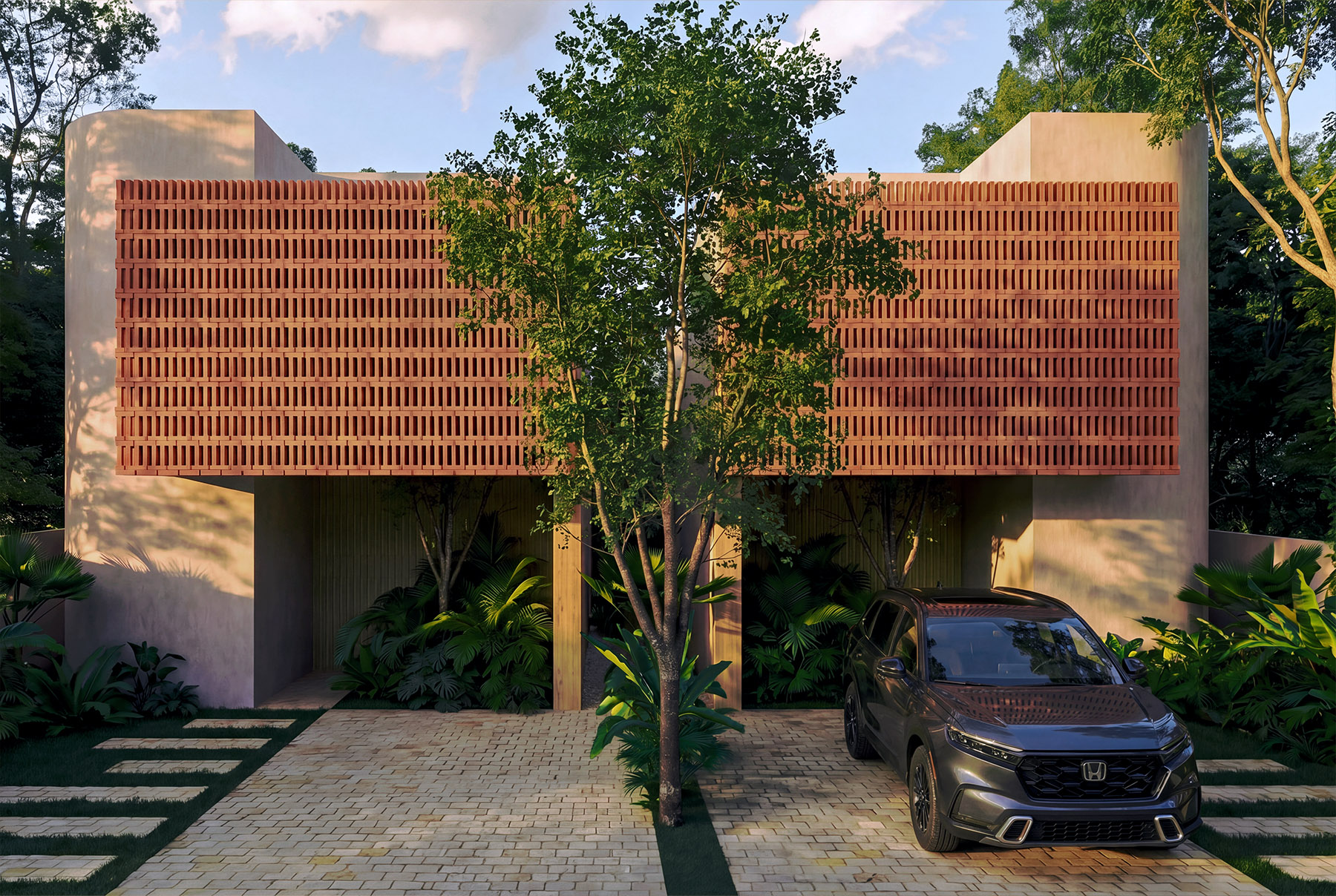 Fachada de dos villas Eleven 11 en espejo con celosía de terracota