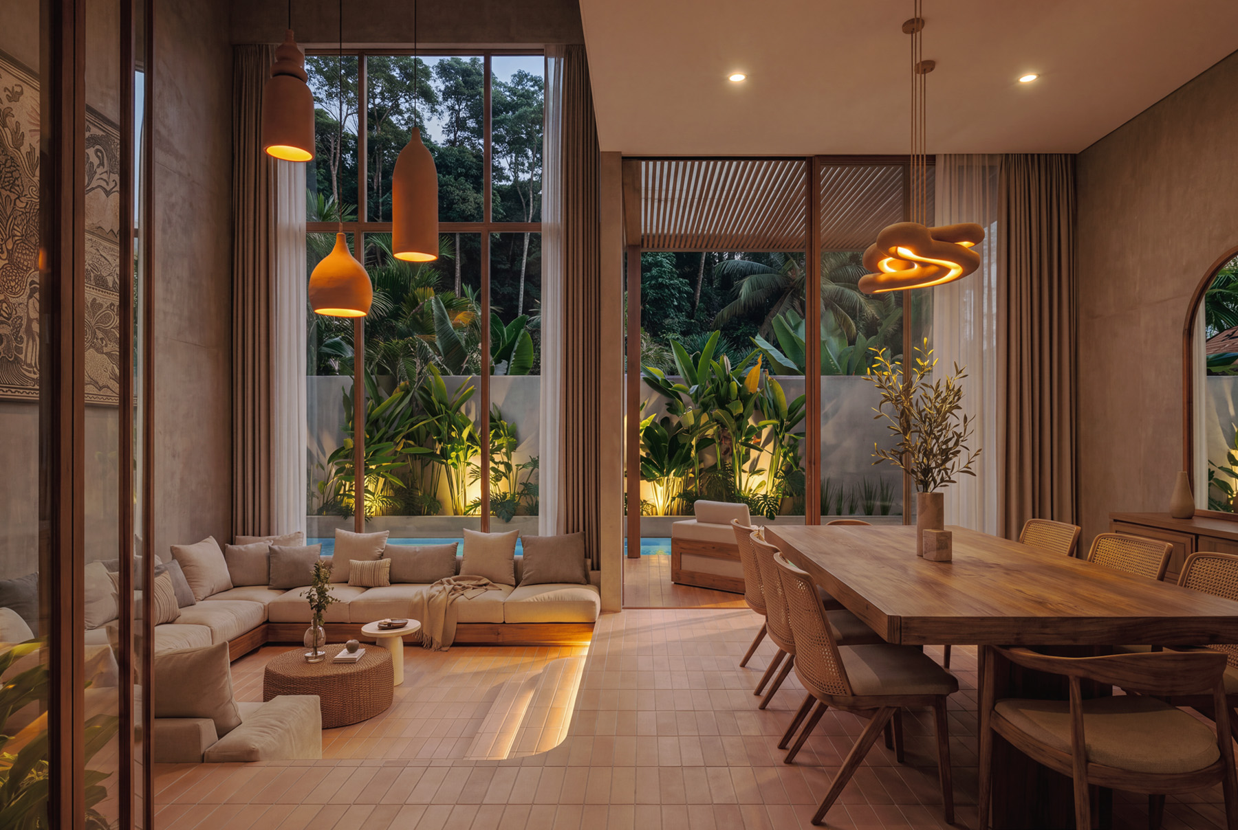 Fachada de las villas iluminadas de noche