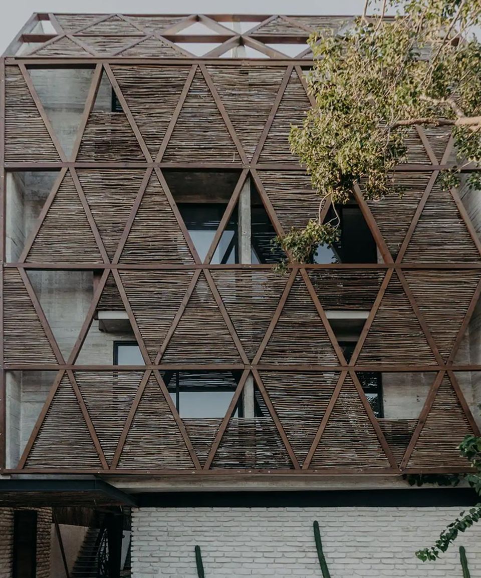 Madara façade with a triangular timber lattice and greenery