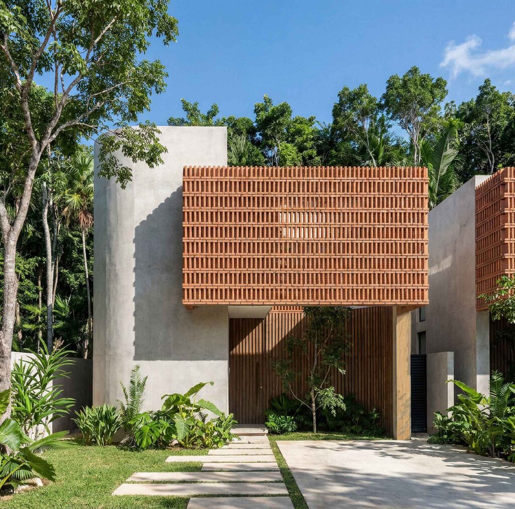 Fachada arquitectónica villa de lujo en Tulum. Ladrillos de terracota, Chukum, concreto y madera. Eleven 11 Region 15 Tulum