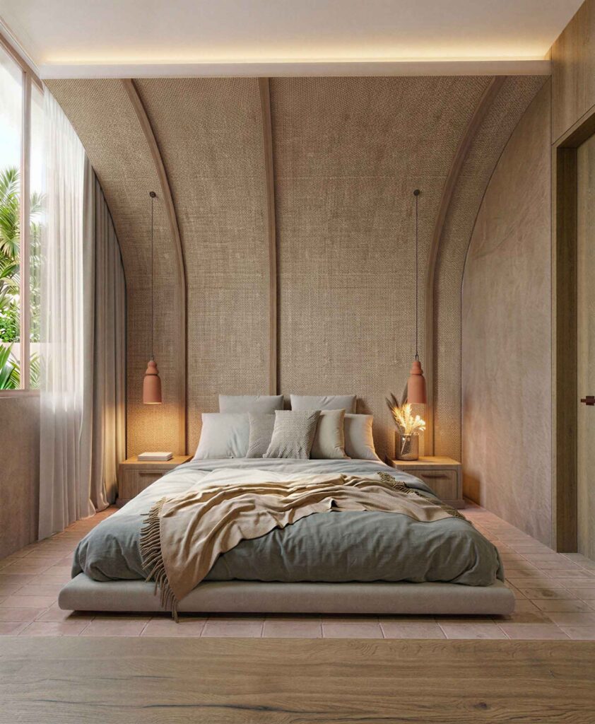 Recamara con cama king size, Boho Chic Diseño, arquitectura y construcción Tulum. Kin Desarrollos