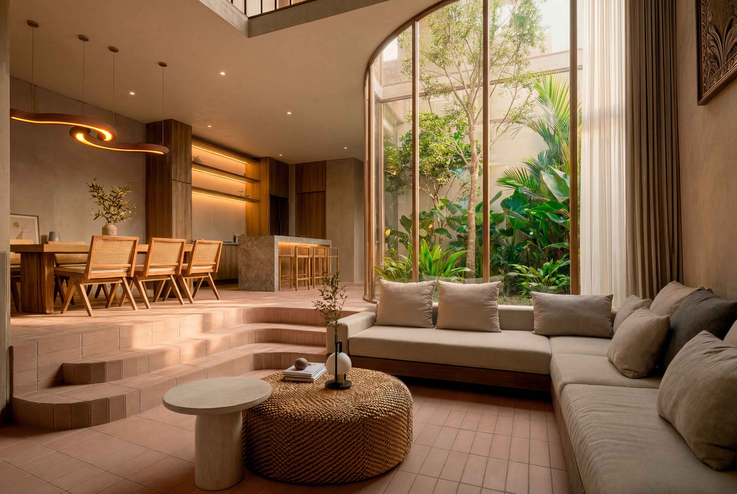 Interiores de lujo, sala hundida con doble altura, con vista al comedor y cocina, jardín central interior que ilumina el espacio con luz natural. Eleven 11 Kin Desarrollos Tulum, Region 15