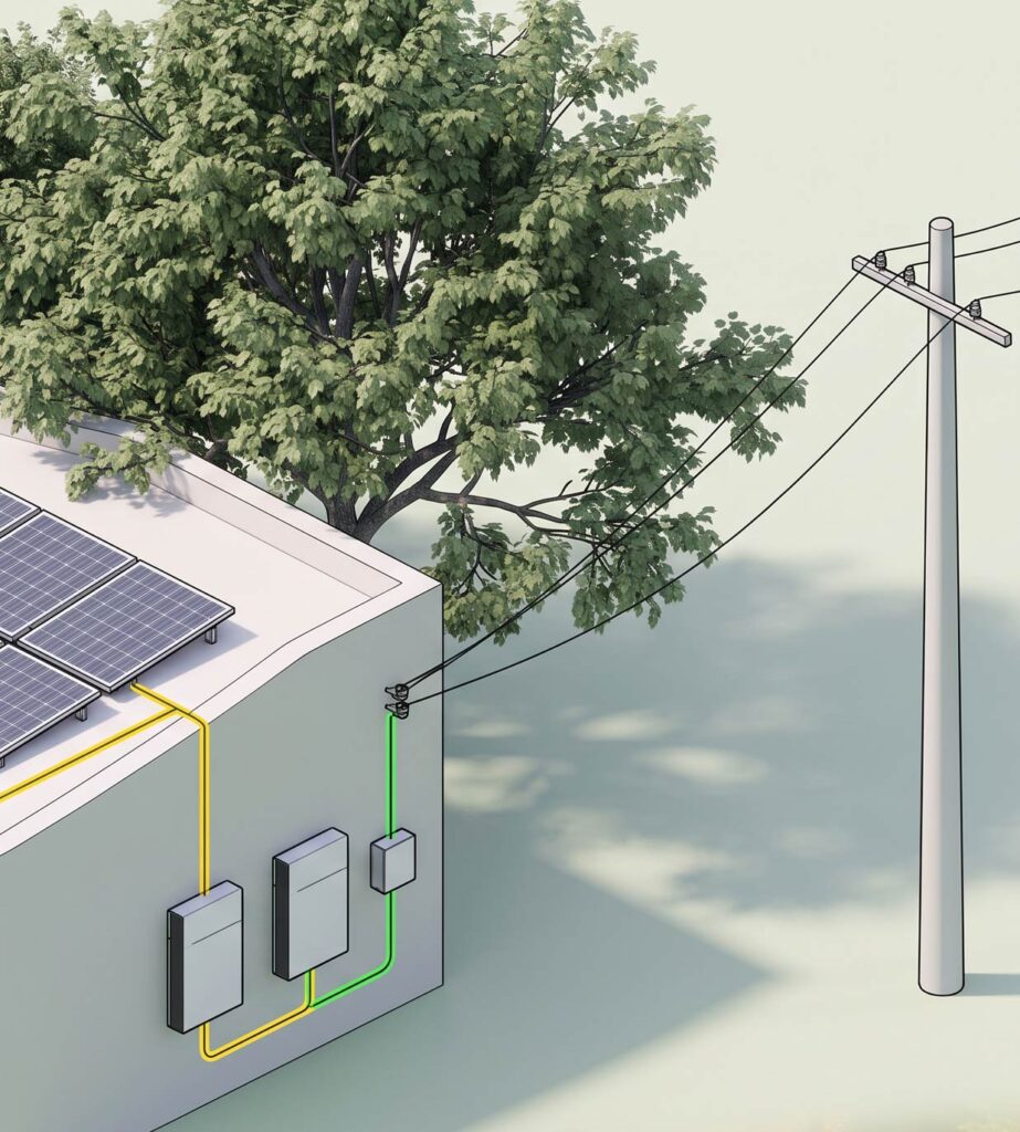 Ilustración Paneles solares y baterias en sistema hibrido conectado a la red cfe. Villas de lujo híbridas Kin Desarrollos Tulum
